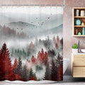 Riyidecor Red Black Mountain Shower Curtain 60Wx72H Inch Nature Woods Scenery Foggy Scenic Landscape Woodland Rustic Landscape Natural Bathroom Decor Fabric Polyester Waterproof 12 Pack Hooks