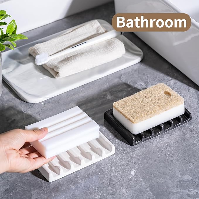 Tanew Self Draining Premium Ceramic Soap Dish, Bar Waterfall Soap Dish, Shower Soap Holder Sponge Holder Soap Tray Savers for Bathroom, Shower, Kitchen, Sink and Countertop