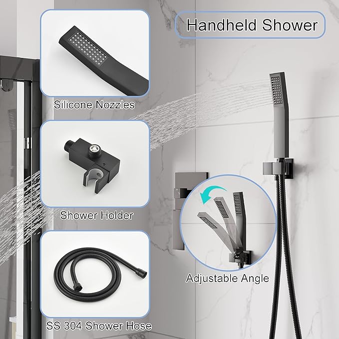 WELLFOR 12-In Ceiling Mount Shower System with Single Handle, Pressure-balanced Valve Included, Waterfall Dual Head Shower Head System, Rain Shower System, Shower Faucet Trim Kits, Matte Black