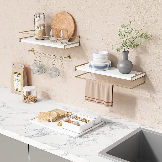 Forbena Floating Bathroom Shelves Wall Mounted, Aesthetic White and Gold Shelves for Bathroom Accessories, Modern Bathroom Organizer with Tower Bar for Wall Decor Storage Small Spaces, Set of 2