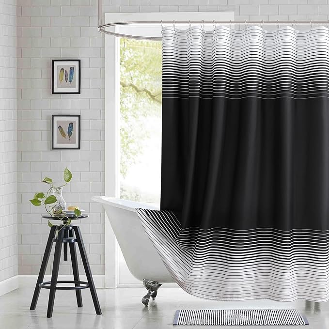 Black Shower Curtain, Modern Black and White Gradient Horizontal Stripe Waterproof Polyester Shower Curtains for Bathroom, 72x72 Inches