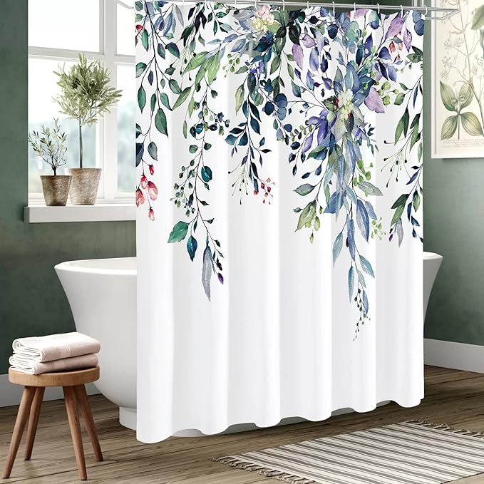 Gibelle Extra Long Shower Curtain 72 x 84, Green Eucalyptus Leaves Shower Curtain, Watercolor Floral Plant Bathroom Curtains Shower Set