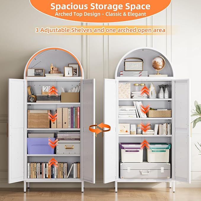 Kitchen Pantry Cabinet, 67in Tall Arched Storage Cabinet with Doors and Shelves, White Freestanding Cupboard for Laundry, Dining Room, Living Room, Bathroom