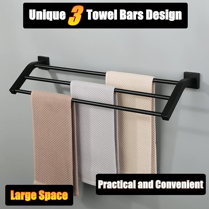 Alise Bath 3 Towel Bars,Towel Holder Towel Racks for Bathroom Wall Mount,Heavy Duty SUS304 Stainless Steel Towel Hanger Towel Rails,Matte Black,24-Inch