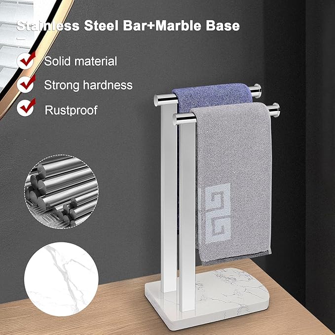 NearMoon Hand Towel Holder with Balanced Marble Base, SUS304 Stainless Steel Stand Towel Ring L Shape Hand Towel Rack Free-Standing Towel Bar for Bathroom Kitchen Countertop (Double Rod, Chrome)