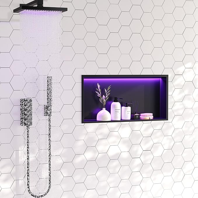 RGB LED Light Shower Niche, Matte Black 24X12 in Stainless Steel Recessed Storage with Remote Control, Waterproof No Tile Needed Wall Niche for Bathroom Storage Built-in Installation