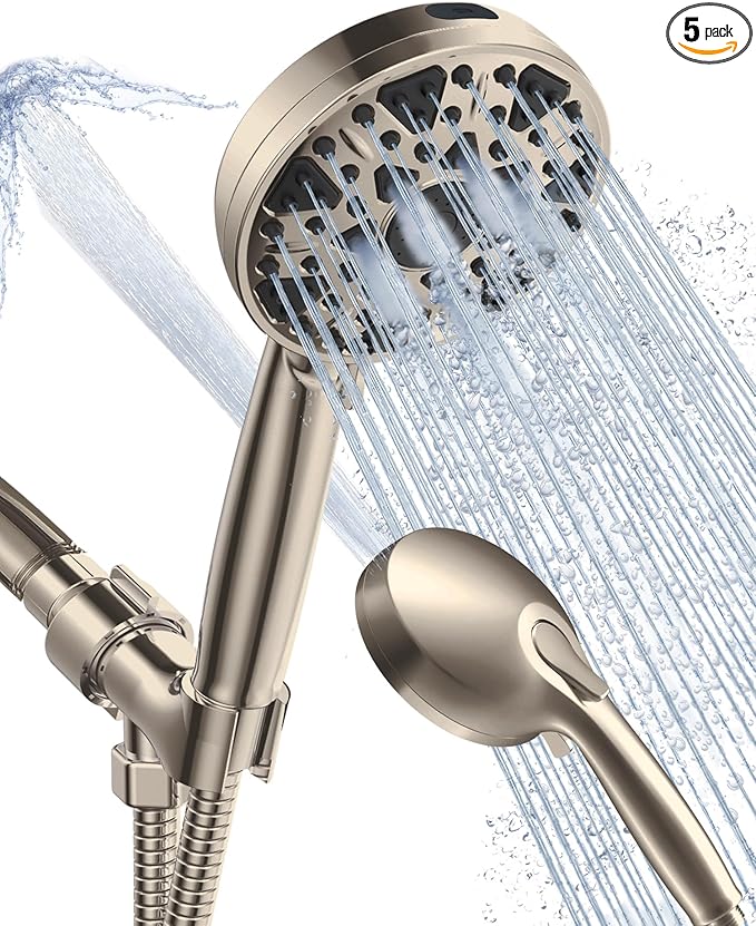 Shower Head With Handheld 7 Settings High Pressure, Built-in Power Wash to Clear Tub, Tile & Pets, 5" High Powerful Hand Held Rain Showerhead with Stainless Steel Hose and Adjustable Bracket (Nickel)