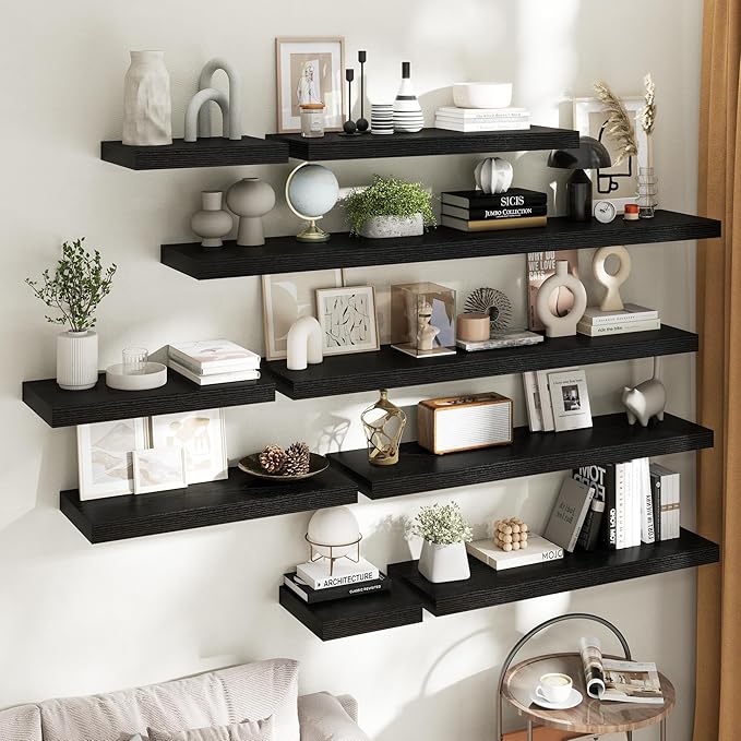 36 Inch Floating Shelves for Wall Set of 2, 12"D Wood Grain Bathroom Shelves with Invisible Brackets, Easy Install Engineered Wood Storage Shelves for Kitchen, Living Room, Bedroom, Black Finish