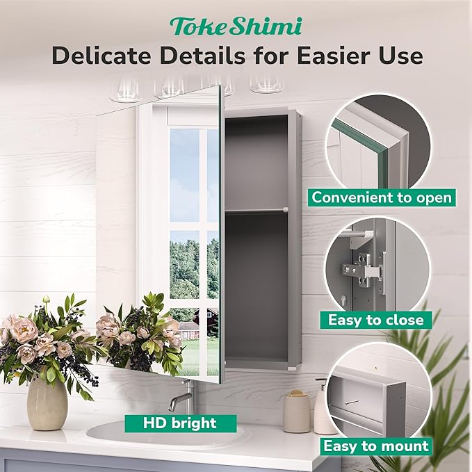 TokeShimi 14x18 Recessed Medicine Cabinet with Mirror Aluminum, Frameless Bathroom Mirror with Storage Stepless Adjustable, Silver Surface Mount Medicine Cabinet for Bathroom Farmhouse