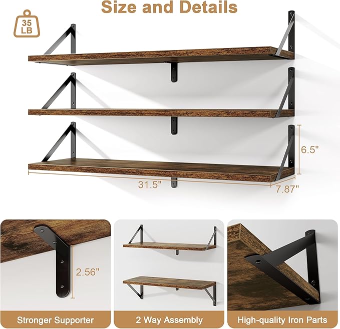 Fun Memories Floating Shelves, 32 x 8 Inches, Set of 3 Wall-Mounted Bookshelves with Metal Brackets, Decorative Storage for Home and Office (Rustic Brown)