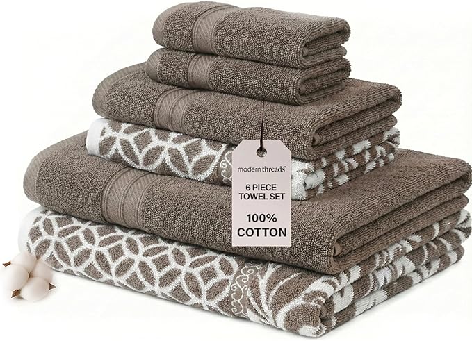 Modern Threads Trefoil Filigree 6-Piece 100% Cotton Towel Set – Reversible Yarn Dyed Jacquard – Includes 2 Bath Towels, 2 Hand Towels, 2 Washcloths – Absorbent, Quick Dry, Soft & Durable – Mocha Brown