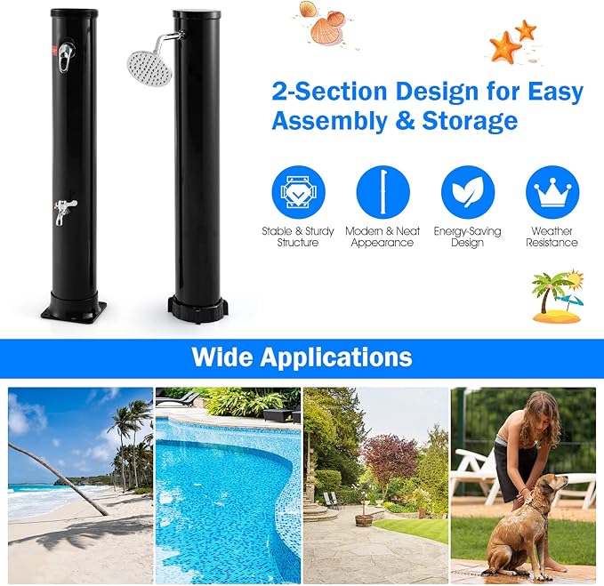 Giantex 7.2 FT 10 Gallon 2-Section Solar-Heated Outdoor Shower, Pool Shower W/Free-Rotating Shower Head, Foot Tap Spigot, Faucet, Temperature and Pressure Adjustment for Backyard, Garden, Beach Spa