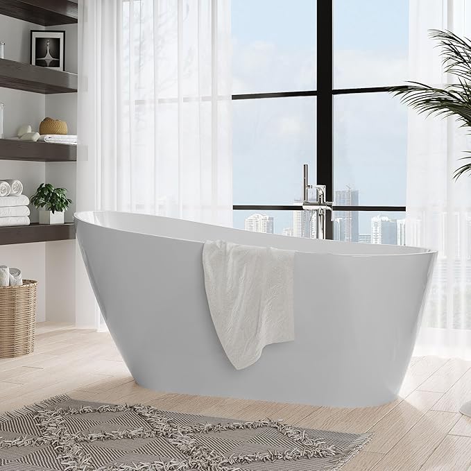 59'' Deep Soaking Acrylic Freestanding Bathtub, Modern White Tub for Bathrooms with Non-Slip Base, Chrome Drain, cUPC Certified Free Standing Bath Tub