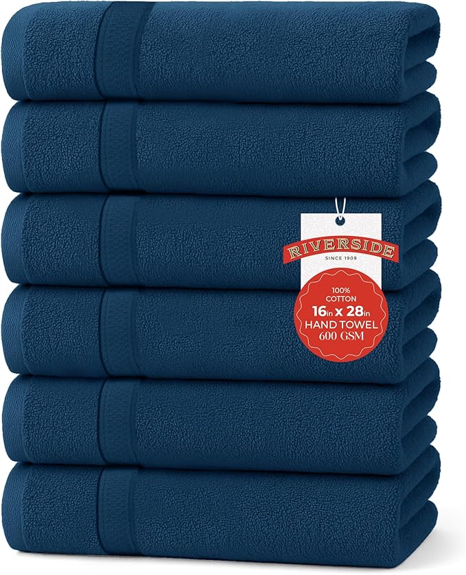 RIVERSIDE 6 Pack Premium Hand Towels Set, 16x28 inches, 100% Ring Spun Cotton, 600 GSM, Soft, Quick Dry and Highly Absorbent, Towels for Bathroom, Kitchen, Gym, Spa - Blue Opal