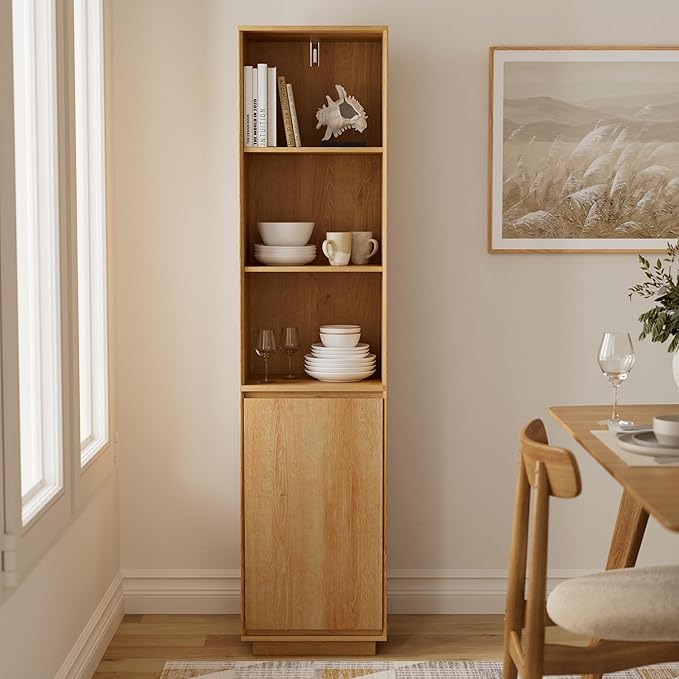 67" Tall Bathroom Storage Cabinet with Door & Adjustable Shelves Modern Narrow Tower Cabinet Slim Freestanding Tower Organizer for Small Spaces, Kitchen, Living Room, Natural Oak