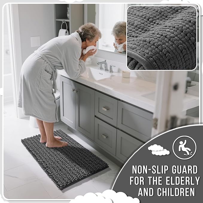 Yimobra Bathroom Rugs Sets 2 Piece - Quick Dry Extra Thick Luxury Chenille Bath Mat, Non Slip Super Absorbent for Tub Shower Sink, Machine Washable Shaggy Floor Mat, 32"x20"+24"x17" Inch, Dark Grey