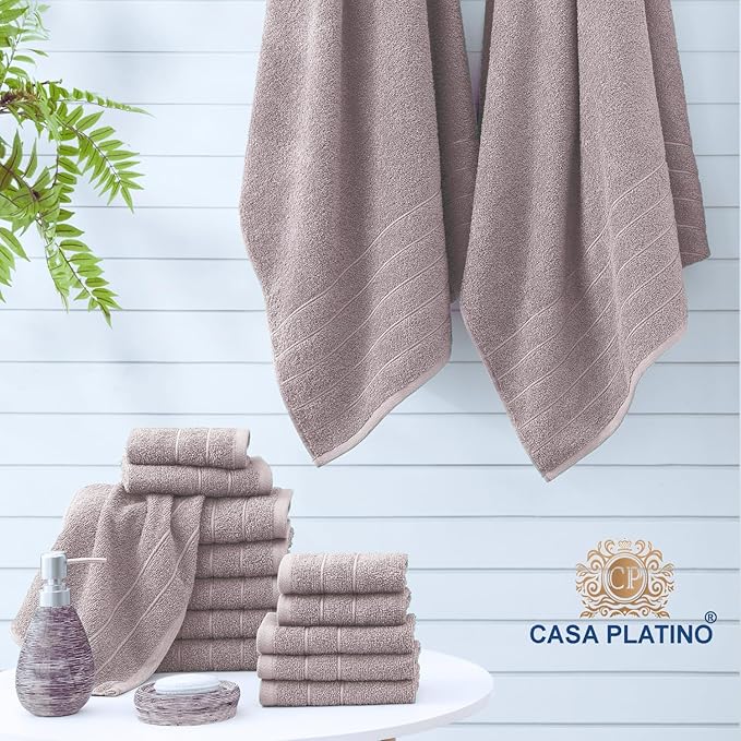 Casa Platino 100% Cotton Bathroom Towels Set - 24 Pcs - Ring Spun, Soft & Absorbent - 2 Bath Sheets, 2 Gym, 2 Bath, 4 Fingertip, 6 Hand Towels, 8 Washcloths - Perfect for Home & Salon - Platinum