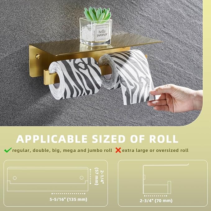 Angle Simple Toilet Paper Holder with Shelf Brushed Gold, 304 Stainless Steel Double Toilet Tissue Holder for Wall