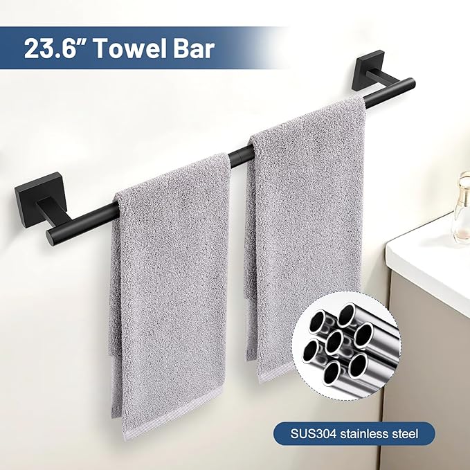 TURS Matte Black 5 Piece Bathroom Hardware Accessories Set, SUS304 Stainless Steel Bath Towel Bar Set, 24 Inch Round Bathroom Accessories Kit Wall Mounted