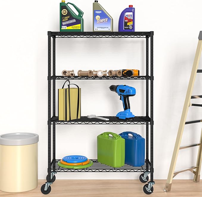 Storage Wire Shelving with Wheels 4-Tier Heavy Duty Garage Shelves Unit Metal Rolling Adjustable Organizer Rack Steel Wire Industrial Shelving for Kitchen Garage Pantry Office Bathroom