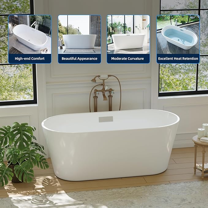 67'' Acrylic Freestanding Bathtub, Modern Soaking Tub, Deep Upright Bath, Non-Slip, cUPC Certified, Chrome Drain, Easy Clean, Spa Experience for Contemporary Bathroom Design