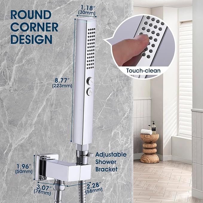 All-Metal High Pressure Square Handheld Shower Head with Jet Spray and Rainfall Modes, Volume Control Regulator, ON/OFF Switch, Hose and Wall Mounted Adjustable Bracket, Chrome Color