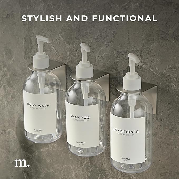 MaisoNovo Adhesive Soap & Shampoo Holder Set of 2 - Silver | Wall Mounted Dispenser Holder