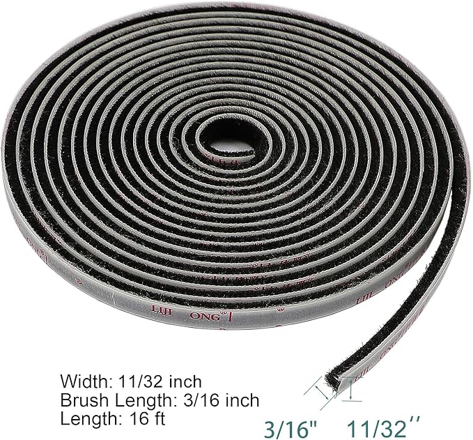 TORRAMI Adhesive Brush Seal Weather Stripping 11/32 inch x 3/16 inch x 16 ft, Dustproof Soundproof Windproof for Windows Bottom and Frame,Sliding Doors Frame,Wardrobe, Black