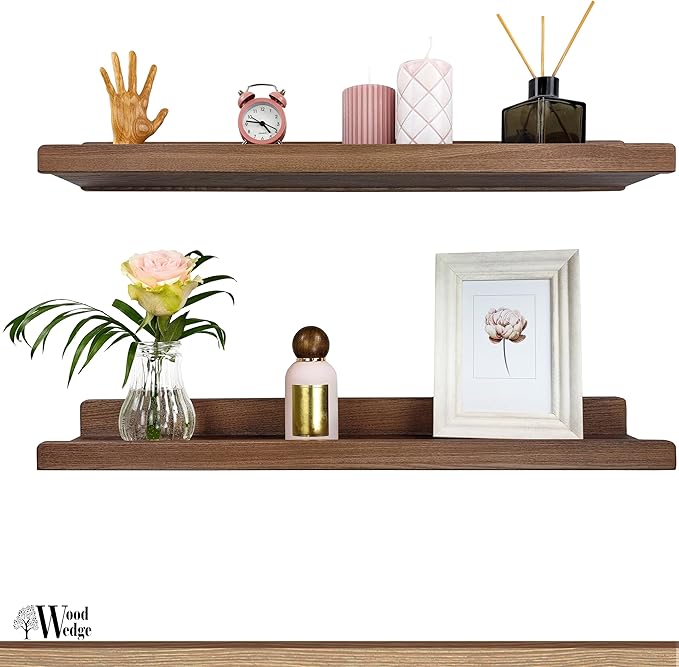 Floating Shelves for Wall 24 inch, Waterproof, Wall Storage Shelves with Lip, Display Picture Ledge Shelf for Photo Frame, Natural Wood Hanging Book Shelves (American Walnut, Set 2)