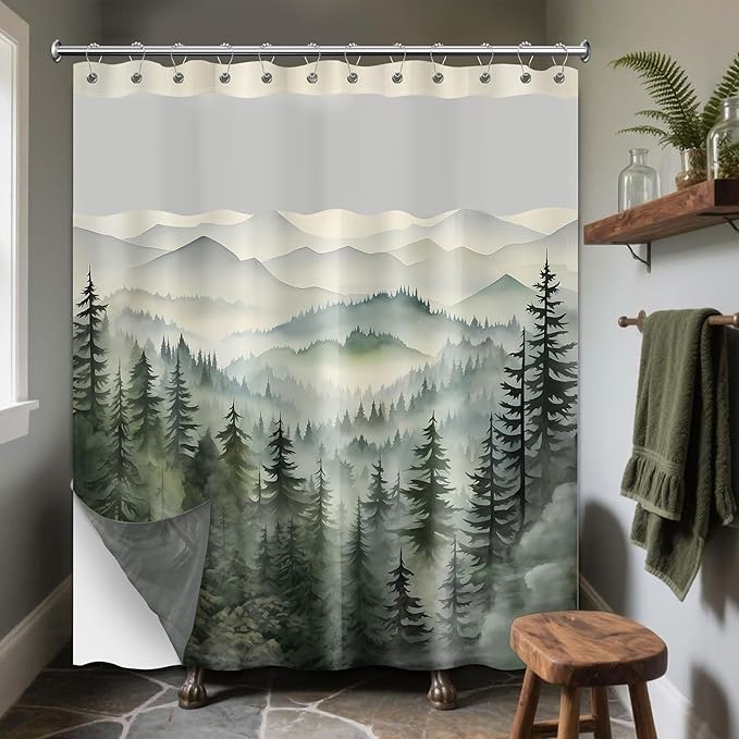 Forest See Through Mesh Top Shower Curtain with Window, Nature Mountain Double Layer Shower Curtains with Snap in Liner with Magnets, Waterproof Cloth Fabric with Hooks, 71" W x 72" L