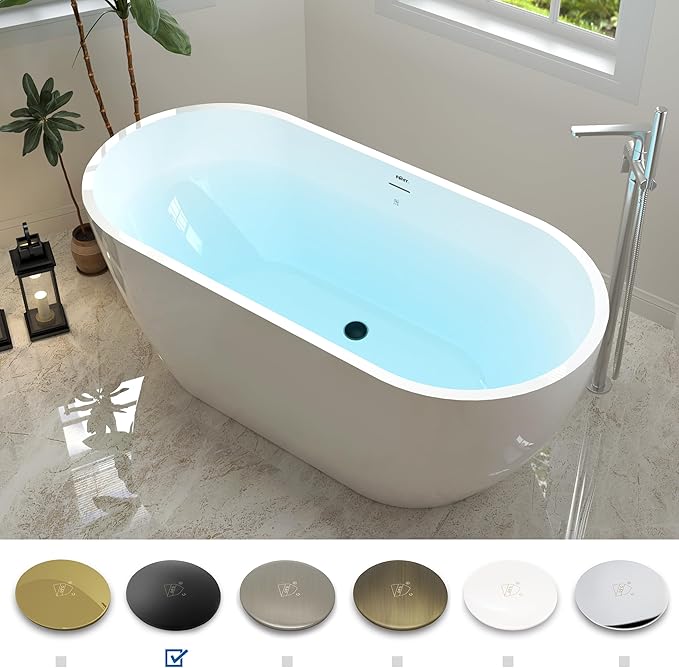 FerdY 59" Bali Acrylic Freestanding Bathtub, Gracefully Shaped Freestanding Soaking Bathtub, cUPC Certified, Toe-Tap Matte Black Drain and Minimalist Linear Design Overflow Included