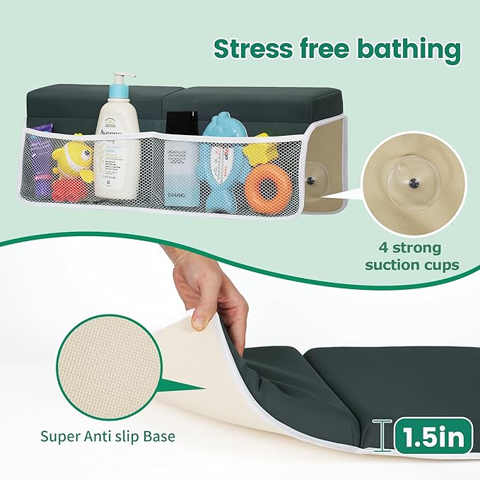 Comfortable Baby Bath Kneeler and Elbow Rest Pad Set, Thick Memory Foam Bath Kneeling Pad with Elbow Support, Baby Bathtub Cushion with Toy Organizer, Non-Slip for Infant or Toddler Bathing