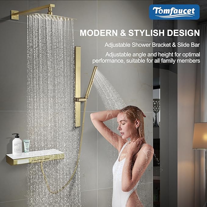 Brushed Gold 12" Rainfall Shower System with Handheld & Body Jets, Wall-Mounted Rain Shower Kit with Slide Bar Combo, Pressure-Balanced Valve with Tempered Glass Shelf & Waterfall Spout Shower Set