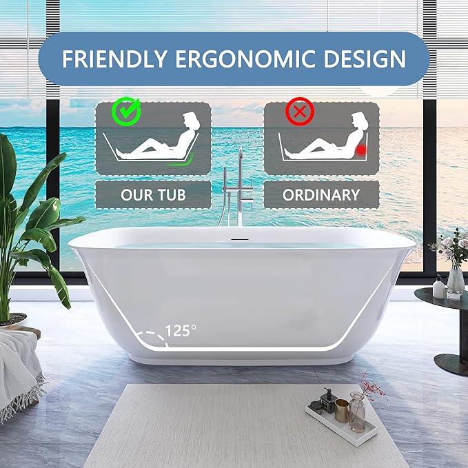 59" Free Standing Tub, Pure Acrylic Freestanding Bathtub, Stylish Stand Alone Contemporary Deep Soaking Bath Tub, cUPC Certified SY6250 (Glossy White)