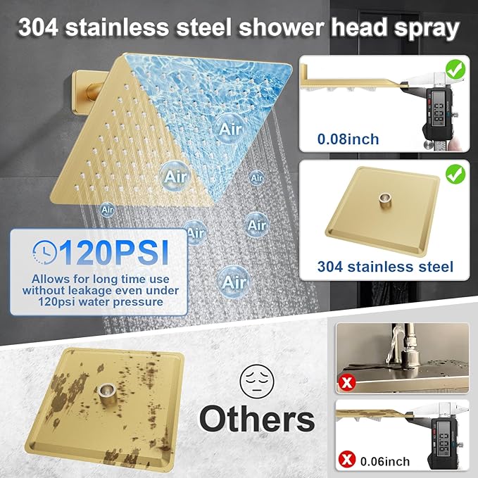 Shower System Modern Rain 8 inches Brass Faucet Set With Valve and Diverter Shower Mixer With Handheld High Pressure Square Rainfall Shower Valve (8'' Wall Mount, Brushed Gold)