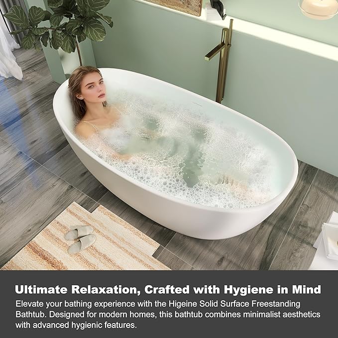 55" Premium Solid Surface Freestanding Bathtubs, Contemporary Design Stand Alone Stone Resin Tub with Overflow and Pop-up Drain, Matte White