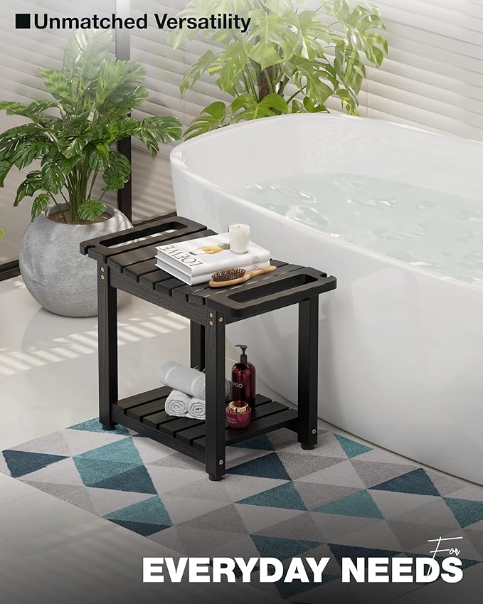 BLUEWEST Shower Bench Seat with Storage Shelf, Natural Wood Shower Benches for Inside Shower to Sit on, Waterproof Bathroom Spa Bench Stool for Legs Shaving with Built-in Handle & Shower Head Holder