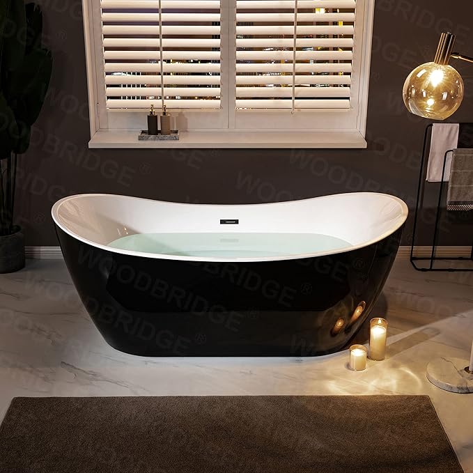WOODBRIDGE 71" Acrylic Freestanding Bathtub Contemporary Soaking Black Tub with Matte Black Overflow and Drain,Black,B1817-MB