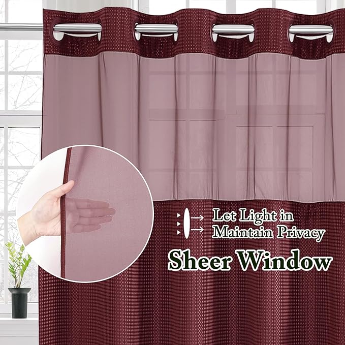 Gibelle Long Shower Curtain 72x80, Waffle Weave Bathroom Shower Curtain with Snap-in Fabric Liner Set, No Hooks Needed, Hotel Style with Mesh Top Window, Burgundy
