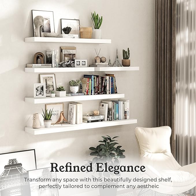 Floating Shelves for Wall, 9.3" Deep Wall Mounted Wood Shelves for Bathroom, Bedroom, Living Room, Kitchen, Hanging Shelf for Books/Storage/Room Decor (White 30")