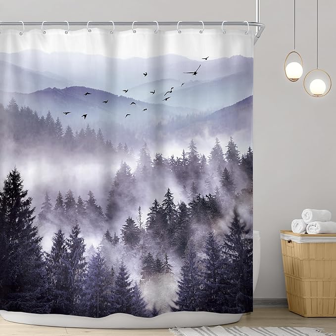 Riyidecor Purple Mountain Shower Curtain 72Wx84H Inch Extra Long Woodland Scenery Park Scene View Natural Foggy Pine Tree Alpine Cool Men Bathroom Decor Fabric Polyester Waterproof 12 Pack Hooks