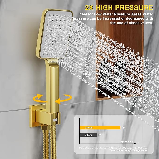 Shower System 10IN Modern Rain Brass Faucet Set With Valve and Diverter Shower Mixer With Handheld High Pressure Square Rainfall Shower Valve (10'' Wall Mount, Brushed Gold)