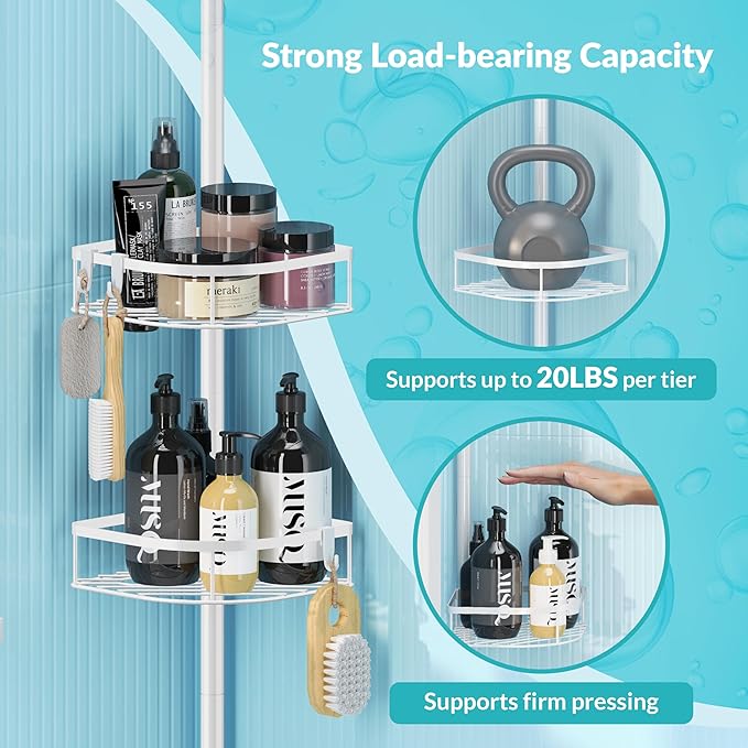 Shower Caddy Tension Pole, 4-Tier Adjustable Corner Shower Standing Caddy, Rustproof Shower Rack for Bathroom Bathtub, with 4 Shelves, No Drilling Shower Shelf for Inside Shower (White)