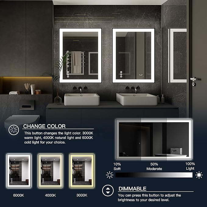 ISKM Framed LED Mirror for Bathroom 44"x32", Dimmable LED Bathroom Mirror with Lights, Anti-Fog, Front and Backlit Lighted Mirror 3-Colors, Shatterproof, Memory Function