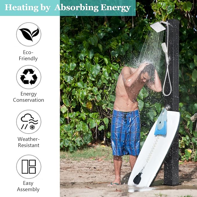 VINGLI 10.6 Gallon 7.5FT Solar Heated Shower with Shower Head, Handheld Showerhead and Foot Shower Tap for Poolside Backyard Beach Pool Spa