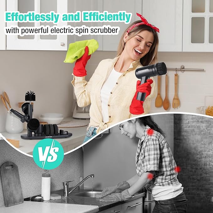 HAUSHOF Electric Spin Scrubber, Cordless Dish Scrubber Brush with 8 Replaceable Heads & 3 Speeds, Power Scrubber Electric Scrubber for Cleaning Kitchen, Sink, Bathroom, Knife Sharpener Included