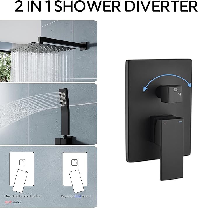 WELLFOR 12-In Wall Mounted Rain Shower Faucet with Single Handle and Handheld Spray, Waterfall Dual Head Shower Head System with 2-way Diverter, Pressure-balanced Valve Included, Matte Black