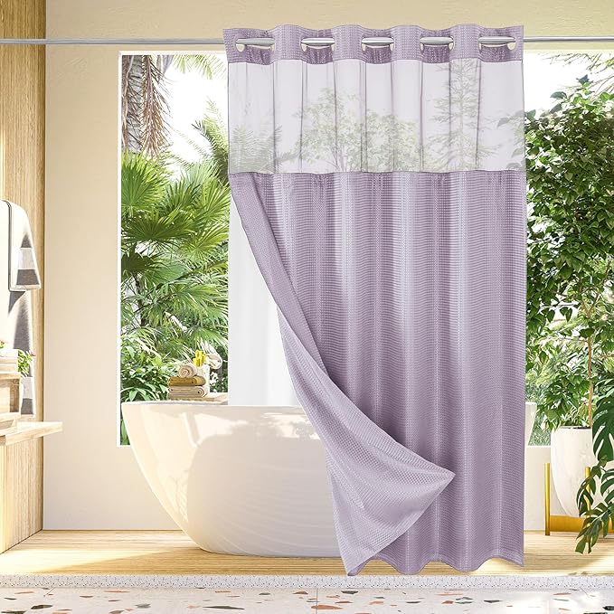 Gibelle Extra Long Shower Curtain 72x86, Waffle Weave Bathroom Shower Curtain with Snap-in Fabric Liner Set, No Hooks Needed, Hotel Style with Mesh Top Window, Lavender