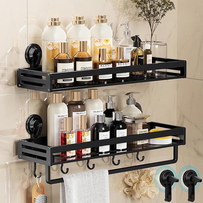Shower Caddy Suction Cup, 11.8 inch 2 Pack Suction Shower Shelf with Hooks NO-Drilling Bathroom Holder, Rustproof Bathroom Organizer, Black,Includes 2 Extra Suction Cups for Replacement Use