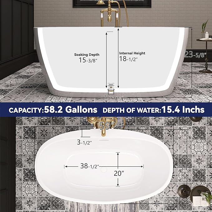 59" Acrylic Free Standing Tub, Stand Alone Tub, Freestanding Bathtub, Soaking Bathtub, cUPC Certified, YL(Glossy White)